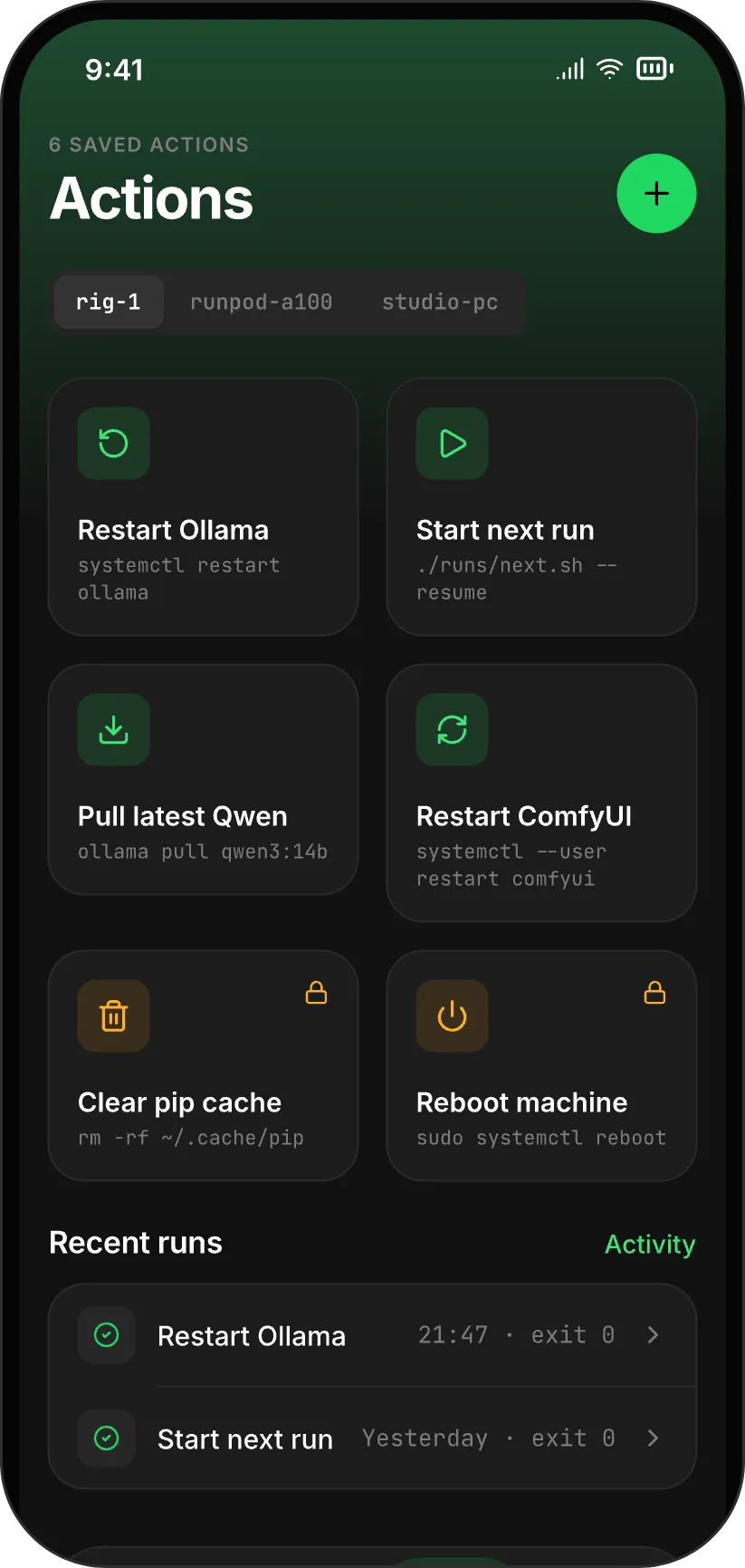 The Quick actions screen: saved commands like Restart Ollama as tiles