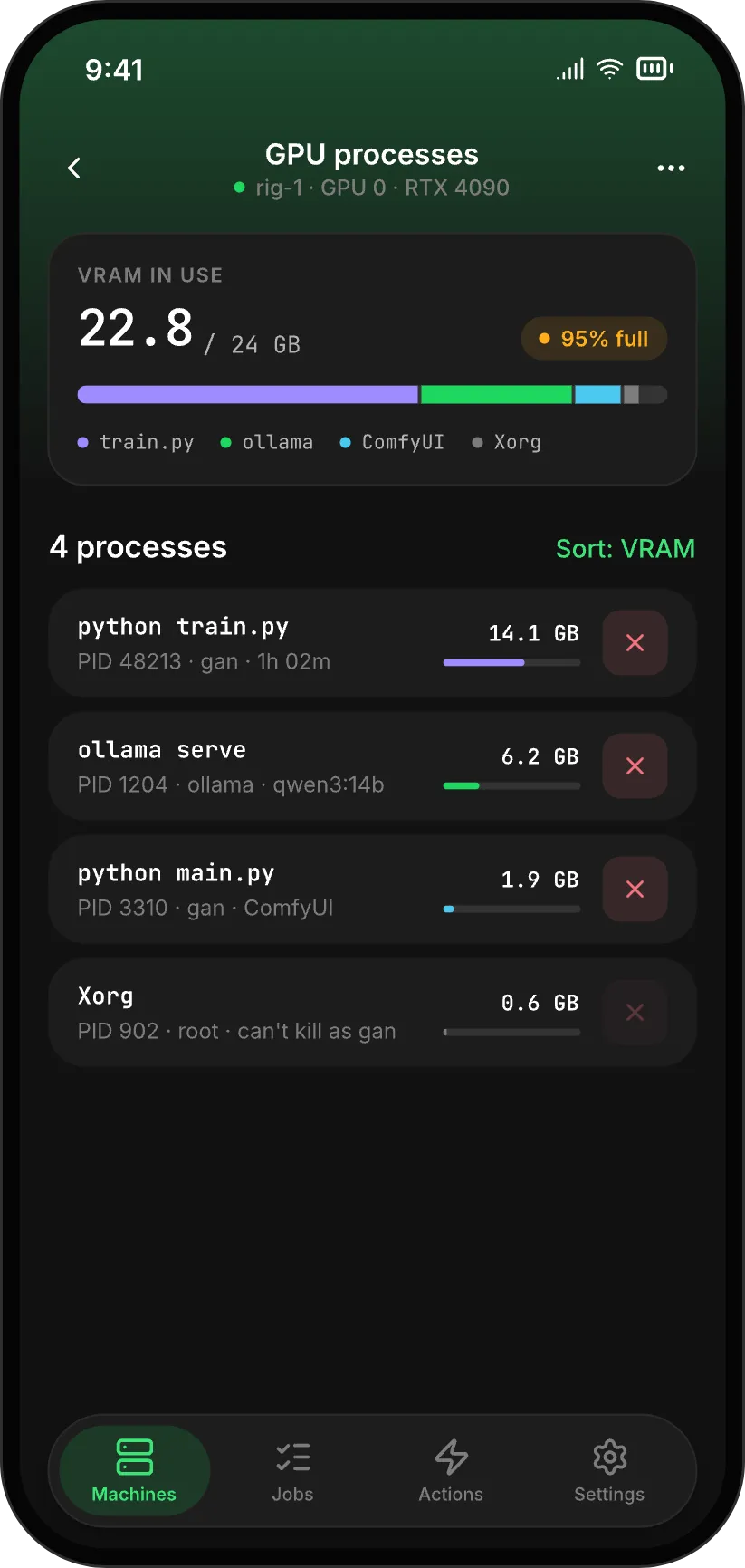 The GPU processes screen: VRAM use per process, each with a stop button